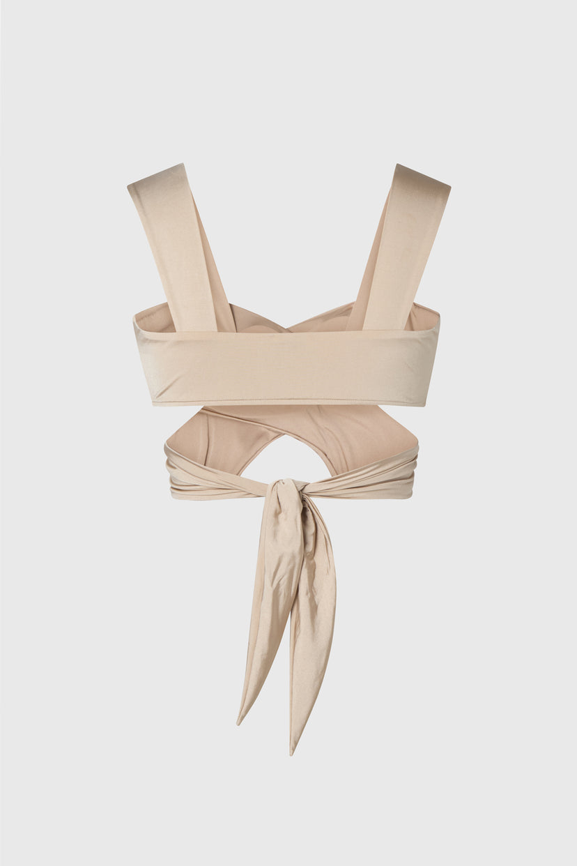 Wrap style bikini with tie at back, back view on white ground